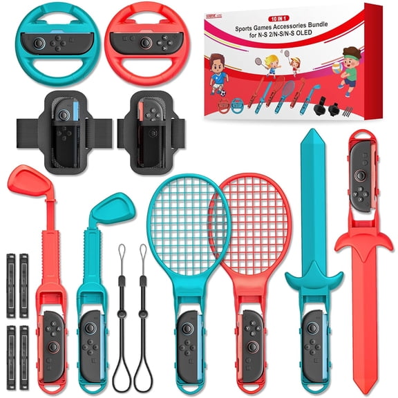 GAEKOL Switch 2 Sports Accessories Bundle, 10-in-1 Family Pack with Tennis Rackets, Adjustable Golf Clubs, Swords for Nintendo Switch 2 Sports Games, Premium Game Kit for Switch 2