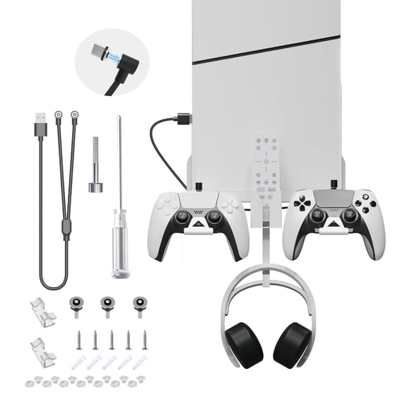 GAEKOL Wall Mount Bracket Compatible with PS5 Slim, Stable Metal Wall Hanging Stand with Controller Holder & Headphone Hanger & Remote Control Bracket & 2-in-1 Magnetic Charging Cable
