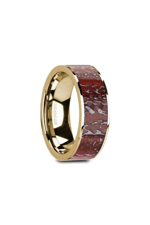 GAELAN Flat 14K Yellow Gold Polished Ring with Red Dinosaur Bone Inlay - 8mm