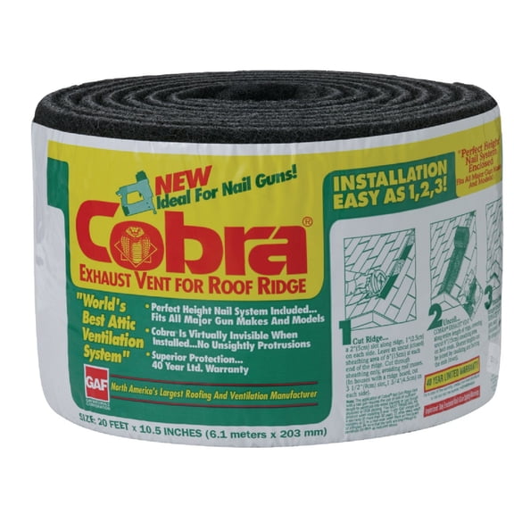 GAF Materials 2005 Cobra Shingle Over Coil Ridge Vent, 10-1/2 in W X 20 Ft Roll L, High-Impact Polymer, 20' x 10.5", Black
