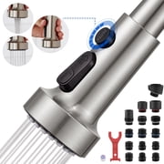 GAGALIFE Brushed Nickel Pull Down Kitchen Sink Faucet Head Replacement with 15 Adapters, 3 Functions Plastic Kitchen Sink Sprayer Nozzle Replacement for Kitchen Faucet, Pause Mode.