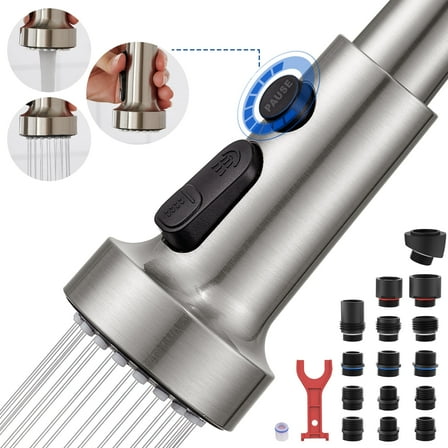 GAGALIFE Brushed Nickel Pull Down Kitchen Sink Faucet Head Replacement with 15 Adapters, 3 Functions Plastic Kitchen Sink Sprayer Nozzle Replacement for Kitchen Faucet, Pause Mode.