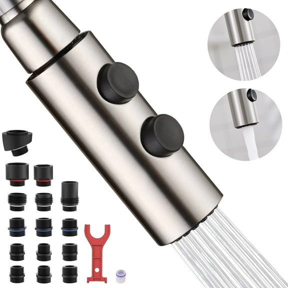 GAGALIFE Metal Kitchen Faucet Head Replacement, Metal Pull Down Spray Head with 15 Adapters for Kitchen Faucet, 2 Function Brushed Nickel Kitchen Sink Spray Nozzle, Stainless Steel
