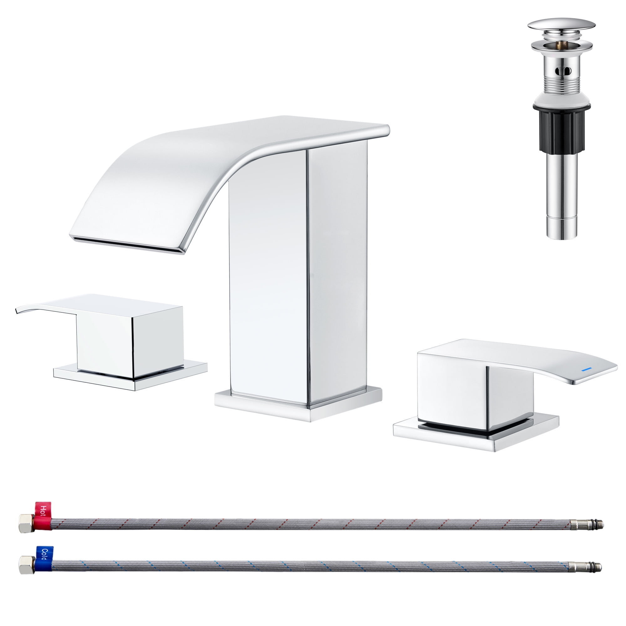 GAGALIFE Waterfall Bathroom Faucets for Sink 3 Hole - Chrome Bathroom Faucet with Pop-up Drain, 8 Inch Widespread Bathroom Sink Faucet 2-Handles, Modern Vanity Faucet with Supply Lines
