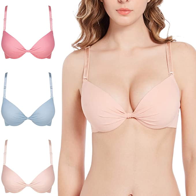 GAI YI 3 Pack Light Padded Bras, Gentle Lift Bra, Solid Color Ribbed Knot  Bra 38B