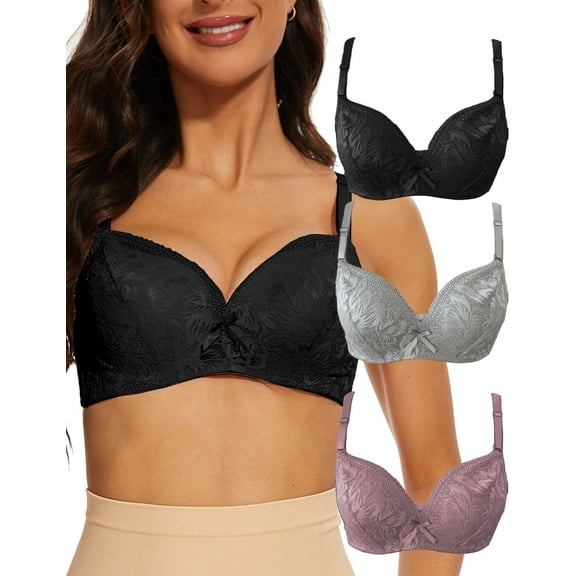 GAI YI 32B Lace bra Pack 3 Underwire Full Coverage Bra,Red bra, Lift Up Bras Everyday Bras with Lace Blue red pink