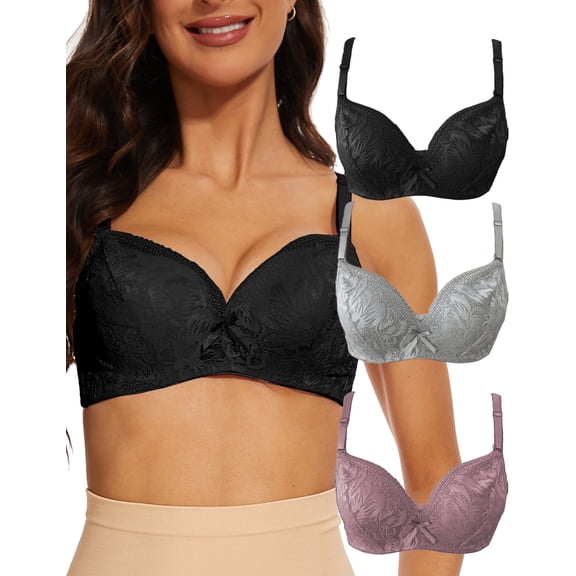 GAI YI 36B Bras for Women 3 Pack Underwire Full Coverage Bra, Sexy Lace Bra,Sexy bra Comfort Padded Bra with Lace Blue+red+pink