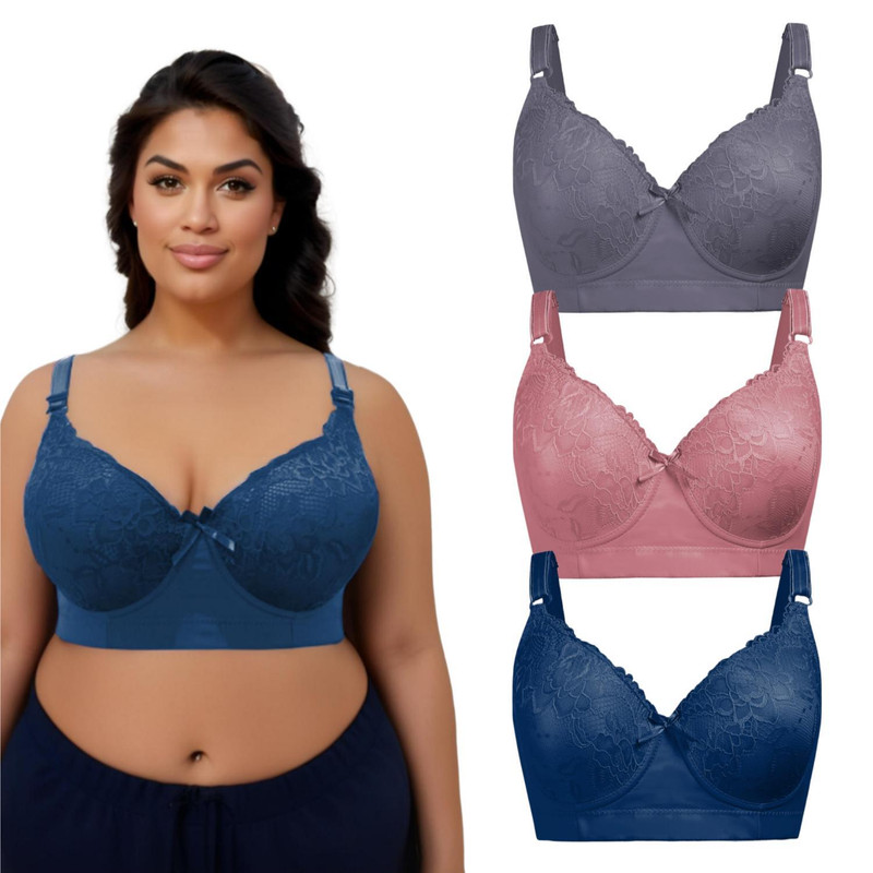 GAI YI Women's Plus Size Full-Coverage Underwire Bra 36D, Back Smoothing 4-Hook Lace Push-Up Bra Set 3 pack rose pink+dark blue+gray purple