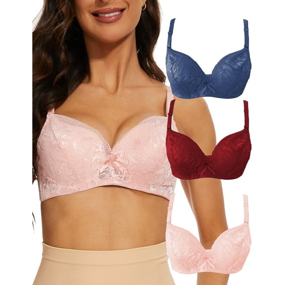 GAI YI 40C Bras for Women 3 Pack Underwire Full Coverage Bra, Sexy Lace Bra Comfort Padded Bra