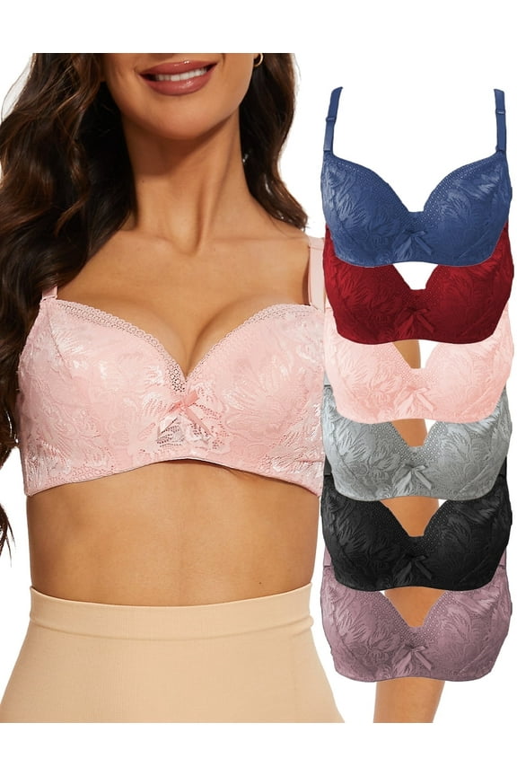 Multi-Color Lace Underwire Push Up Bras Set,6pcs Full Coverage T-Shirt Bras for Women 36C