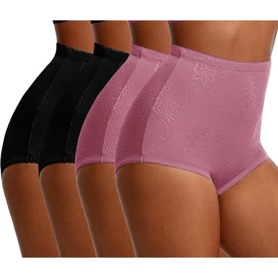 GAI YI Women's High-Waist Tummy Control Girdle Panties Jacquard Ladies Panties for Women Full Coverage Underwear 2Black+2Rose M