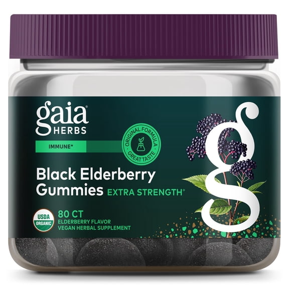 Gaia Herbs Black Elderberry (Sambucus nigra) Extra Strength Gummies - Delicious Immune Support Supplement* - Certified Organic Black Elderberries for Immune System Support* - 80 Gummies (40 Servings)