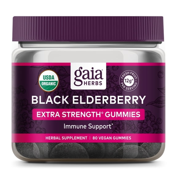 Gaia Herbs Black Elderberry (Sambucus nigra) Extra Strength Gummies - Delicious Immune Support Supplement* - Certified Organic Black Elderberries for Immune System Support* - 80 Gummies (40 Servings)