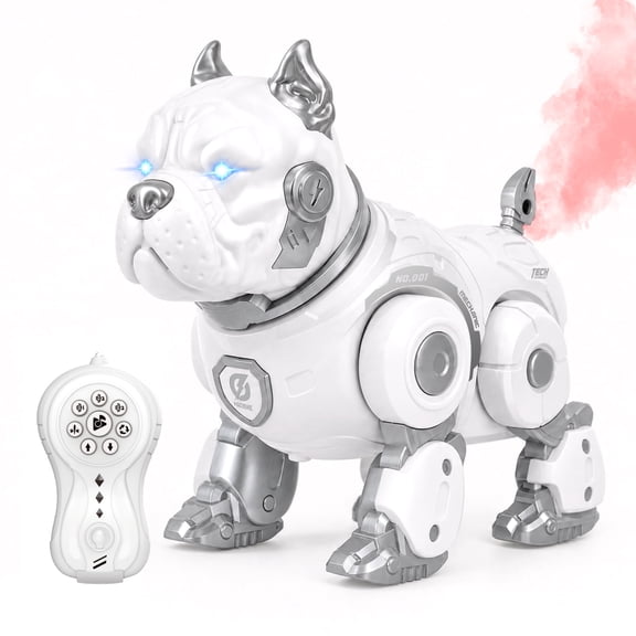 GAIETYDIY Remote Control Dog, Farting Spary Robot Bulldog for Kids, White, Music & Dance & LED Light & Dog barking &Volume adjustment, Gift for Boys Ages 5-10+, Funny Prank RC Puppy Pet Toy, ABS