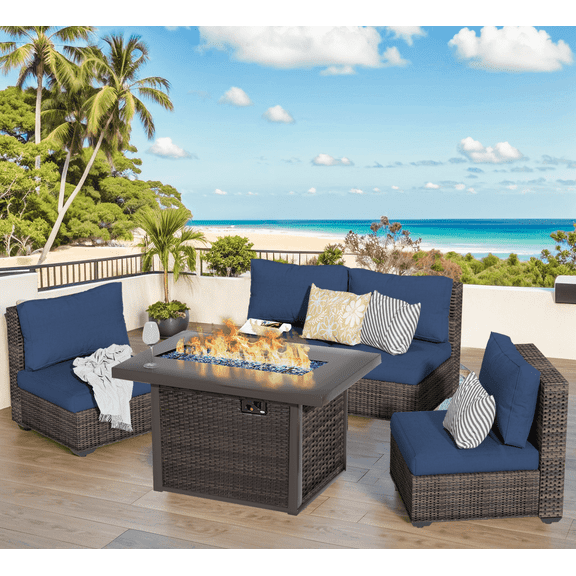 Gaildon 5 Piece Patio Furniture Set with Fire Pit Table, All Weather Outdoor Sectional PE Rattan, Patio Conversation Sets with Cushions for Garden Lawn Balcony Porch Deck, Blue