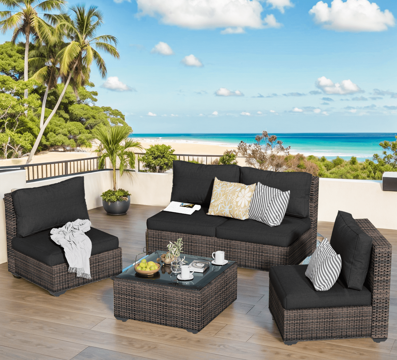 GAILDON 5-Piece Patio Furniture Set with Glass Table, Outdoor Sectional Rattan, All-Weather Cushions, Black