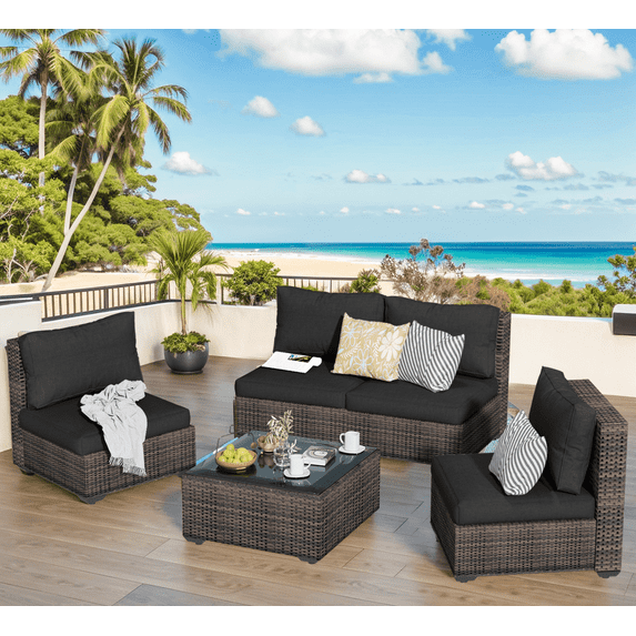 GAILDON 5-Piece Patio Furniture Set with Glass Table, Outdoor Sectional Rattan, All-Weather Cushions, Black