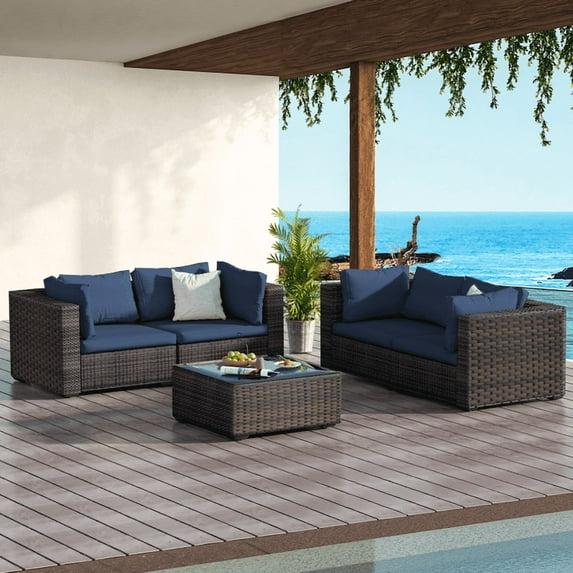 GAILDON 5-Piece Patio Furniture Set with Glass Table, Outdoor Sectional Rattan, All-Weather Cushions, Blue