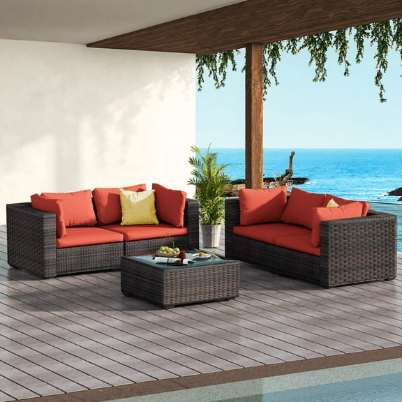 GAILDON 5-Piece Patio Furniture Set with Glass Table, Outdoor Sectional Rattan, All-Weather Cushions, Grey