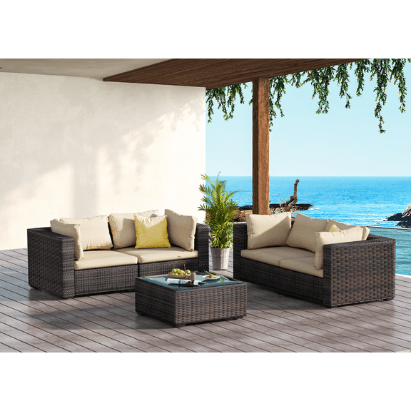 GAILDON 5-Piece Patio Furniture Set with Glass Table, Outdoor Sectional Rattan, All-Weather Cushions, Grey