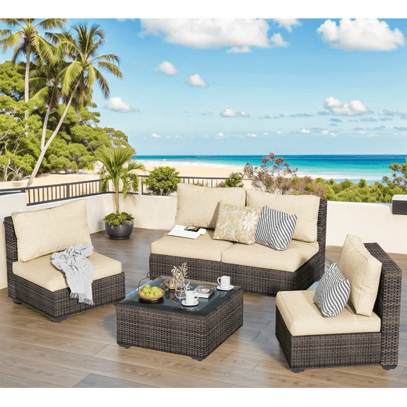 GAILDON 5-Piece Patio Furniture Set with Glass Table, Outdoor Sectional Rattan, All-Weather Cushions, Grey