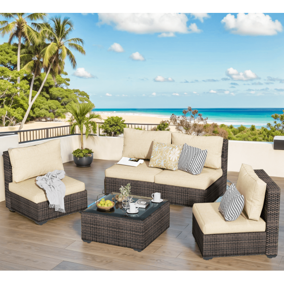 GAILDON 5-Piece Patio Furniture Set with Glass Table, Outdoor Sectional Rattan, All-Weather Cushions, Grey