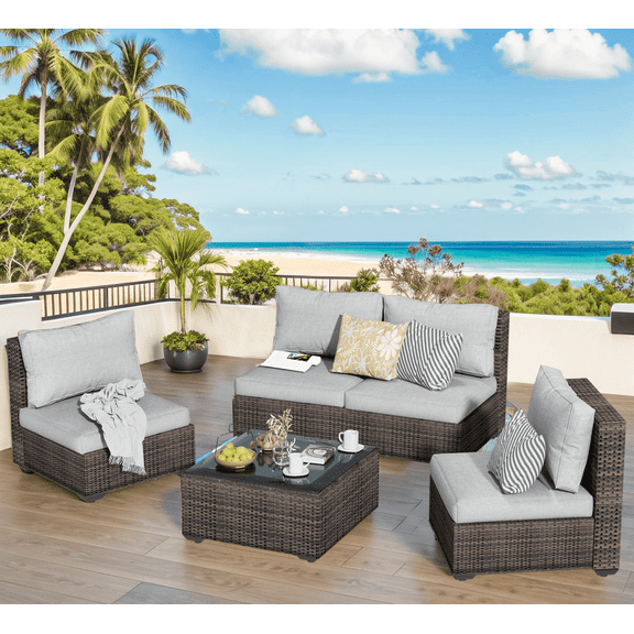 GAILDON 5-Piece Patio Furniture Set with Glass Table, Outdoor Sectional Rattan, All-Weather Cushions, Grey