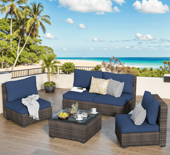 GAILDON 5-Piece Patio Furniture Set with Glass Table, Outdoor Sectional Rattan, All-Weather Cushions, Red