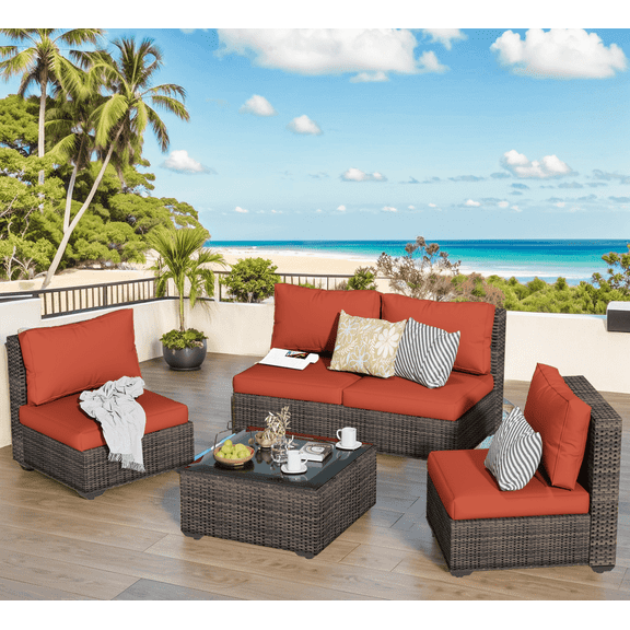 GAILDON 5-Piece Patio Furniture Set with Glass Table, Outdoor Sectional Rattan, All-Weather Cushions, Red