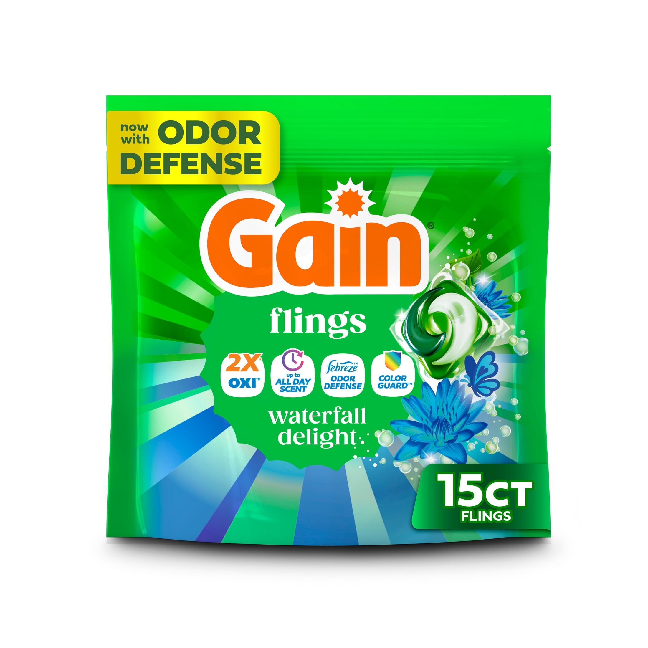 Gain Flings Liquid Washing Detergent Pacs, Now with Odor Defense + Color Guard, Waterfall Delight Scent, 15 Count
