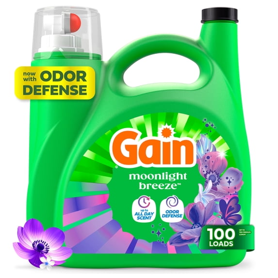 Gain Laundry Detergent Liquid, Now with Odor Defense, Moonlight Breeze Scent, 132 fl oz, 100 Loads
