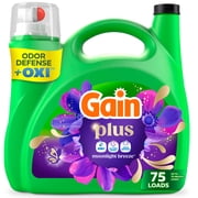 Gain Plus Laundry Detergent Liquid, Now with Odor Defense + OXI, Moonlight Breeze Scent, 99 fl oz, 75 Loads
