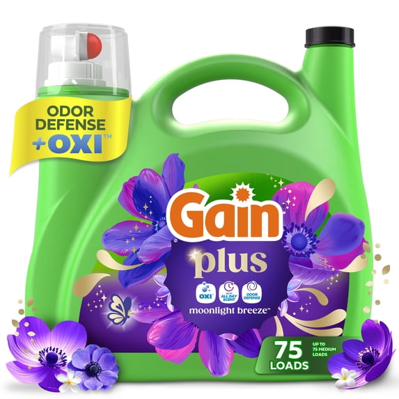 Gain Plus Liquid Laundry Detergent with Odor Defense + Oxi, Moonlight Breeze, 99 fl oz, 75 Loads