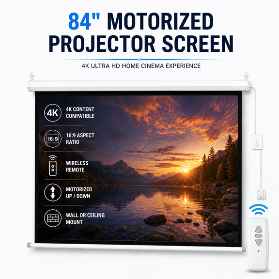 GAINVANE Projector Screen Motorized with Remote, 16:9 4k, 84 Inch Auto Electric Projection Screen, HD 4K Movie Screen for Home Theater, Cinema, Office