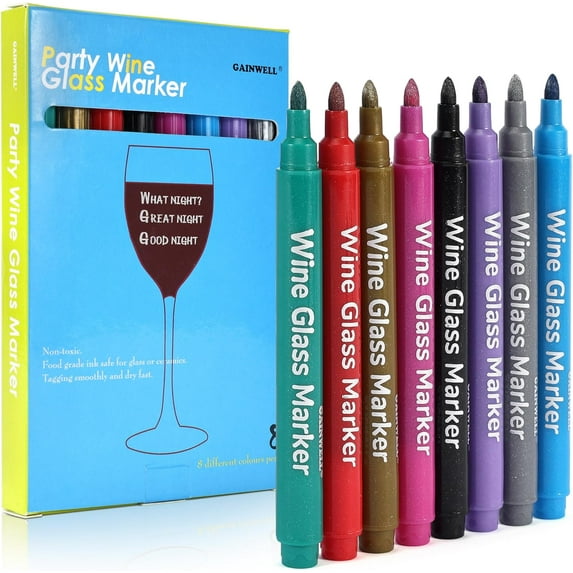 GAINWELL Wine Glass Markers - Pack of 8 Food-Safe Non-Toxic Wine Glass Marker Pens - Can also be Used on Ceramic Plates and other Glass and Dinnerware