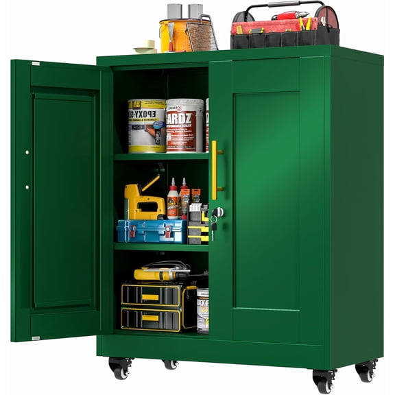 GAIOUS Metal Storage Cabinet with Lock and Wheels, Steel Office Cabinet with 2 Door and 2 Adjustable Shelves, 35” Tall Lockable File Cabinet, Garage Cabinet, Rolling Cabinet for Home Office - Green
