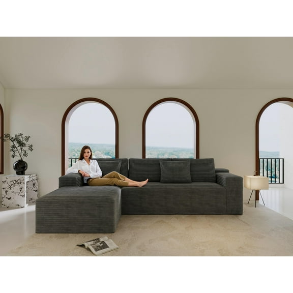 GAKMCIL 104" 4 Seater Cloud Sectional Couch with L-Shape Left Facing Chaise, Modern Comfy Modular Plush Corduroy Sofa, Upholstered Deep Seat Sofa for Living Room Bedroom (No Assembly Required) (Grey)