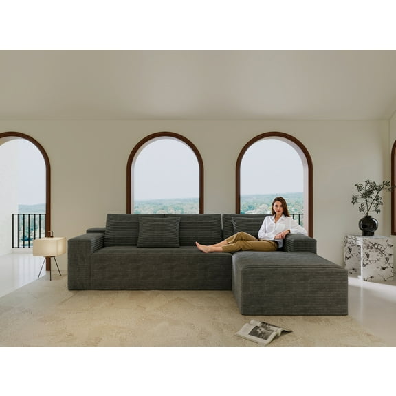 GAKMCIL 104" 4 Seater Cloud Sectional Couch with L-Shape Right Facing Chaise, Comfy Modular Plush Corduroy Sofa, Upholstered Deep Seat Sofa for Living Room Bedroom (No Assembly Required) (Grey)