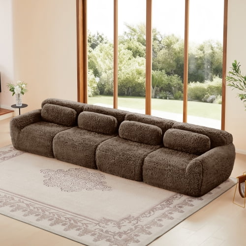 GAKMCIL 149" 4 Seater Modular Sectional Sofa Couches,Soft Fluffy Plush Fabric Bottom Anti-Slip Design,32D High Density Sponge Loveseat Sofa(Chocolate)
