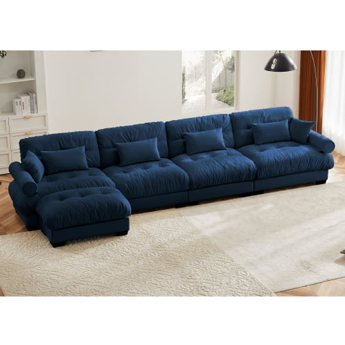 GAKMCIL 166" Loveseat Sofa, 4 Seater Modular Sectional Sofa, Large U Shaped Sectional Fluffy Couch, Velvet Cloud Couch with 1 Ottoman, Deep Seat Sofas for Living Home