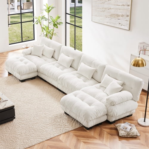 GAKMCIL 173.2" Loveseat Sofa, 4 Seater Modular Sectional Sofa, Large L Shaped Sectional Fluffy Couch, Chenille Cloud Couch with 2 Ottoman, Deep Seat Sofas for Living Home