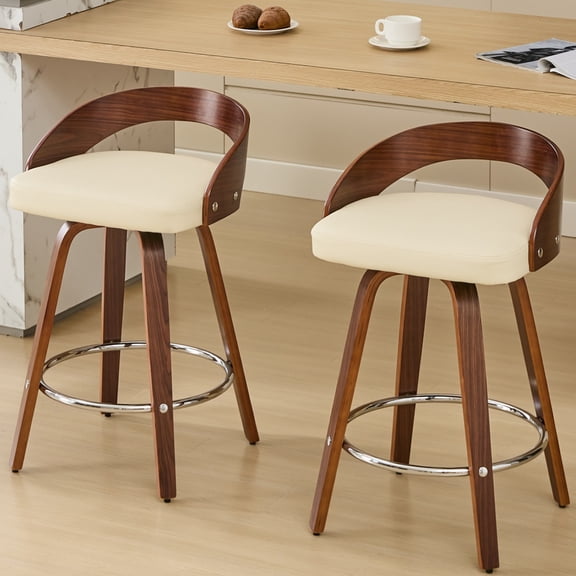 GAKMCIL 25" Mid-Century Modern PU Leather Upholstered Bar Stools, Low Back Wood Bar Chairs with 360-Degree Swivel, Walnut Color Coating, for Kitchen, Dining Room, Pub, Cafe (set of 2, Beige)