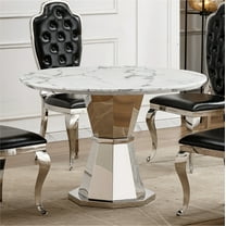 GAKMCIL 47" Round Dining Table for 4-6 People, Modern Kitchen Table with High Glossy Faux Marble Top, Stainless Steel Base, Adjustable Leg Pads, 300lbs Load for Dining Room, Kitchen (Sliver&White)
