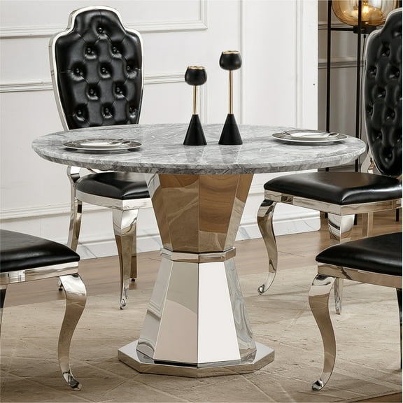 GAKMCIL 47" Round Dining Table for 4-6 People, Modern Kitchen Table with High Glossy Faux Marble Top, Stainless Steel Base, Adjustable Leg Pads, 300lbs Load for Dining Room, Kitchen (Sliver&Gray)