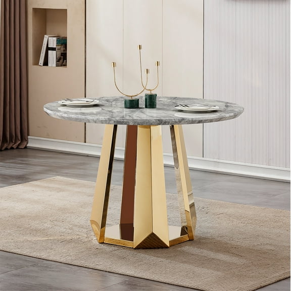 GAKMCIL 47" Round Dining Table for 4-6 People, Modern Kitchen Table with High Glossy Faux Marble Top, Stainless Steel Geometric Base, 400lbs Load, Easy Assembly for Dining Room, Kitchen (Gold&Gray)