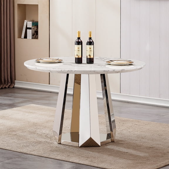 GAKMCIL 47" Round Dining Table for 4-6 People, Modern Kitchen Table with High Glossy Faux Marble Top, Stainless Steel Geometric Base, 400lbs Load, Easy Assembly for Dining Room Kitchen (Silver&White)