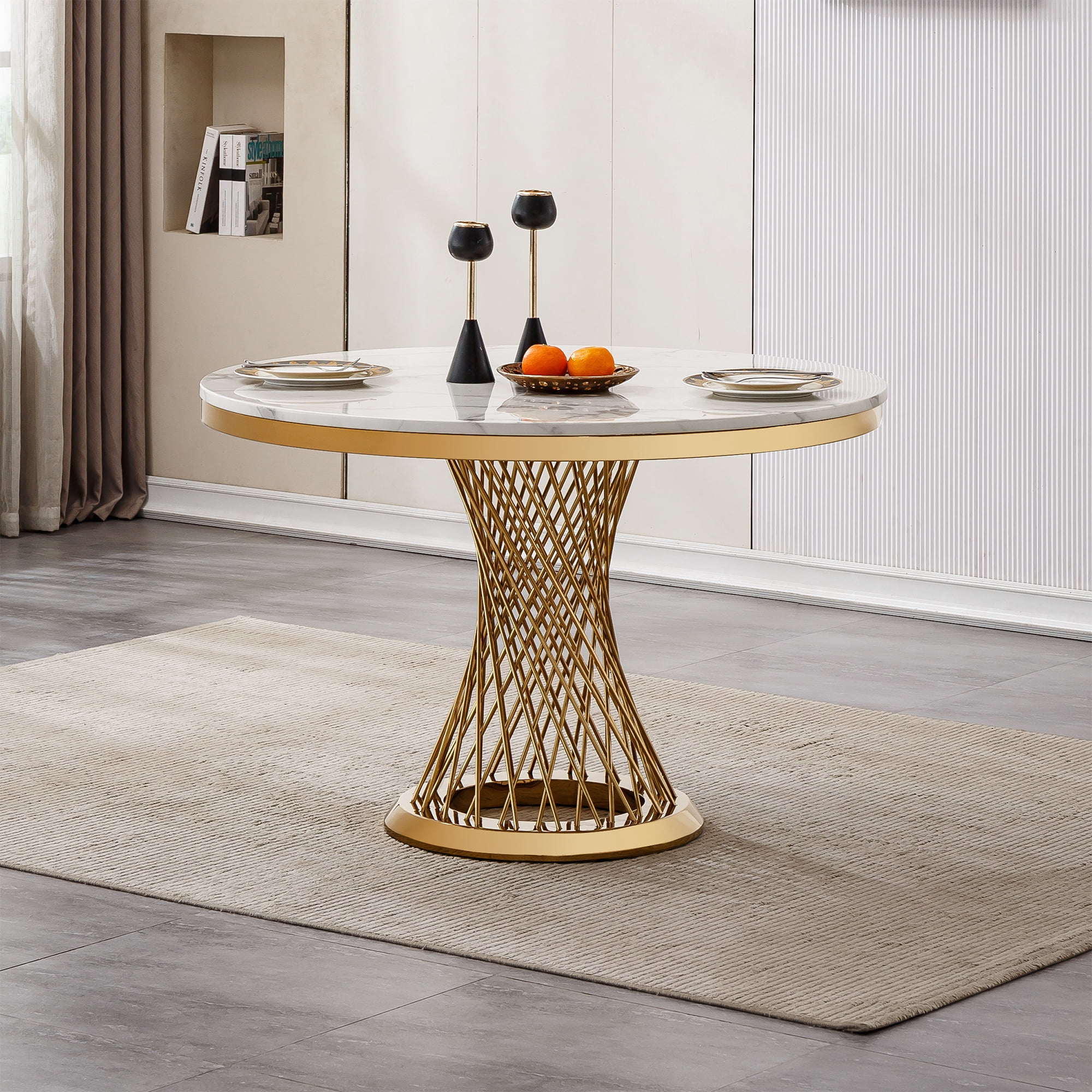 GAKMCIL 47" Round Marble Dining Table for 4-6 People, Modern Kitchen Table with High Glossy Faux Marble Top, Stainless Steel Base, 300lbs Load, Easy Assembly for Dining Room, Kitchen (Gold&White)