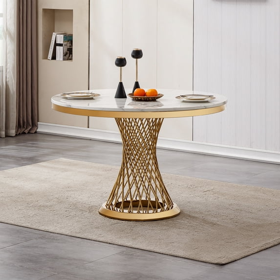 GAKMCIL 47" Round Marble Dining Table for 4-6 People, Modern Kitchen Table with High Glossy Faux Marble Top, Stainless Steel Base, 300lbs Load, Easy Assembly for Dining Room, Kitchen (Gold&White)