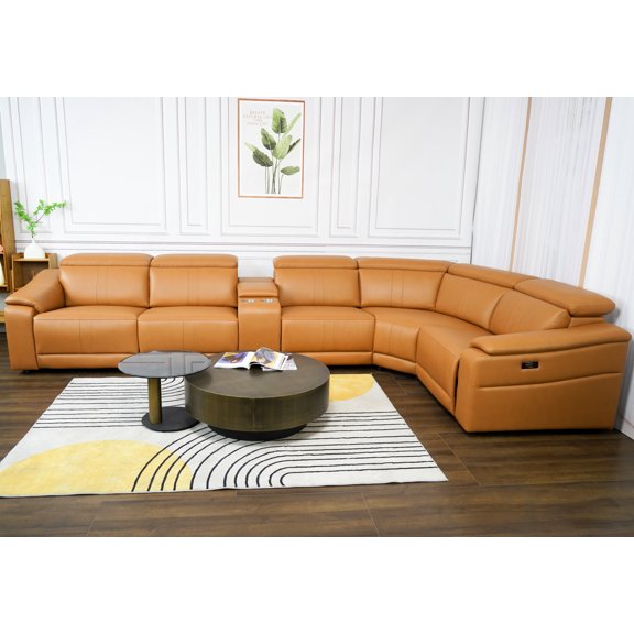 GAKMCIL 5-Seat Leather Power Recliner Sofa Set, Electric Sectional Couch with Storage Console, USB Ports, Cup Holder, Adjustable Headrest, Each Seat 330lbs Load for Living Room Apt Office (Brown)