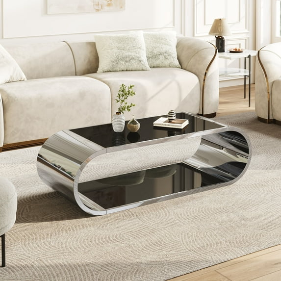 GAKMCIL 57" Oval Stainless with Glass Coffee Table, Modern Fashion Design Coffee Table with 2-Tier Glass Top, Large Storage Space, Easy Assembly for Living Room, Office, Trade Show (Silver&Black)